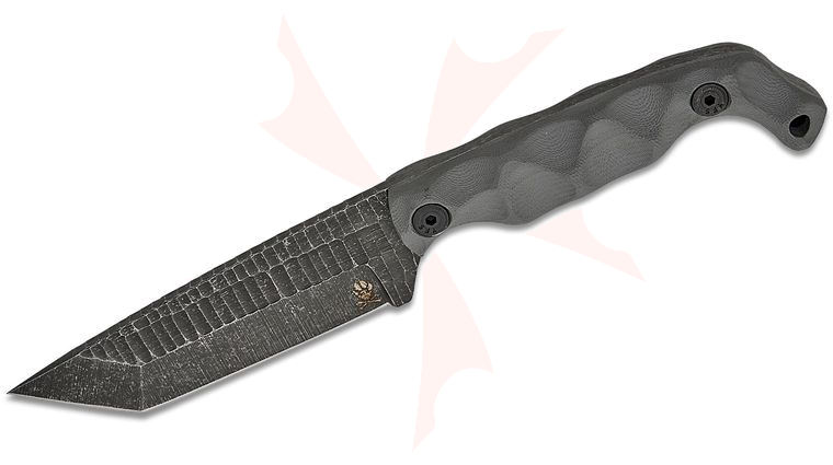 Stroup Knives Bravo 5 Utility Fixed Blade Knife 3.75 inch 1095 Hand Carved Tanto Blade, Milled Gray G10 Handles, Kydex Sheath