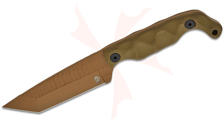 Stroup Knives Bravo 5 Utility Fixed Blade Knife 3.75 inch 1095 Flat Dark Earth Cerakote Hand Carved Tanto Blade, Milled OD Green G10 Handles, Kydex Sheath