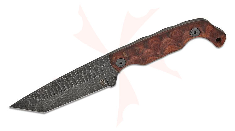 Stroup Knives Bravo 5 Utility Fixed Blade Knife 3.75 inch 1095 Hand Carved Tanto Blade, Milled Honduran Rosewood Handles, Kydex Sheath
