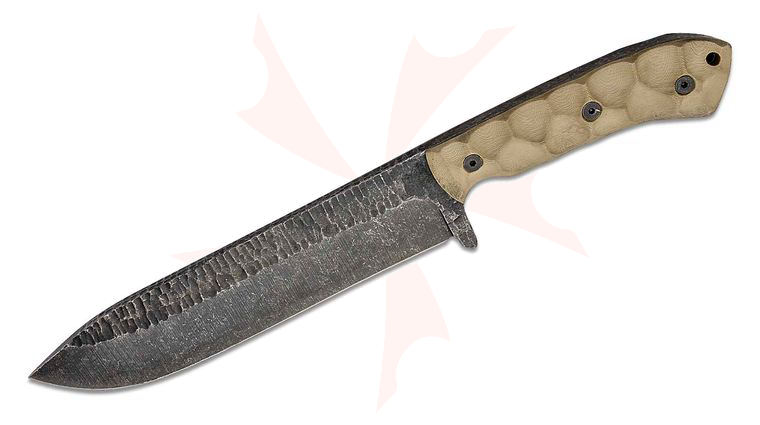 Stroup Knives BK1 Chopper Fixed Blade Knife 8 inch 1095 Hand Carved Drop Point, Milled Tan G10 Handles, Kydex Sheath