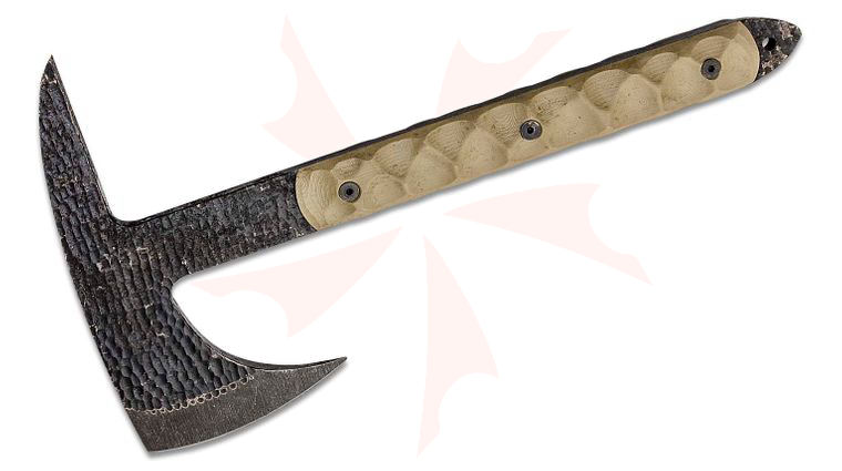 Stroup Knives Spike Axe 12 inch Overall, 1095 Hand Carved Blade, Milled Tan G10 Handles, Kydex Sheath