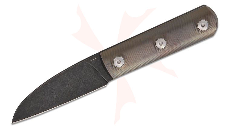 StraightLine EDC Igor Bortolussi Ally Fixed Blade Knife 2.75 inch M390 Black Stonewashed Sheepsfoot Blade, Bronze Titanium Handles, Leather Sheath