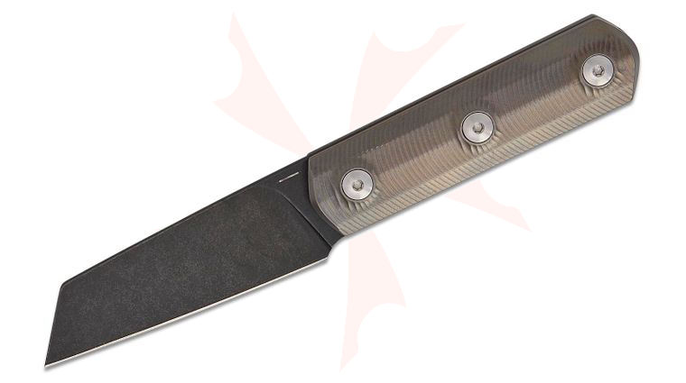 StraightLine EDC Igor Bortolussi Erny Fixed Blade Knife 2.75 inch M390 Black Stonewashed Reverse Tanto Blade, Bronze Titanium Handles, Leather Sheath