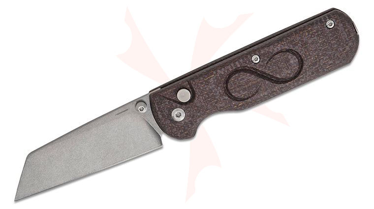 StraightLine EDC Igor Bortolussi ROX Button Lock Folding Knife 2.81 inch M390 Stonewashed Reverse Tanto Blade, Brown Burlap Micarta Handles, Smart Mag Leather Sheath