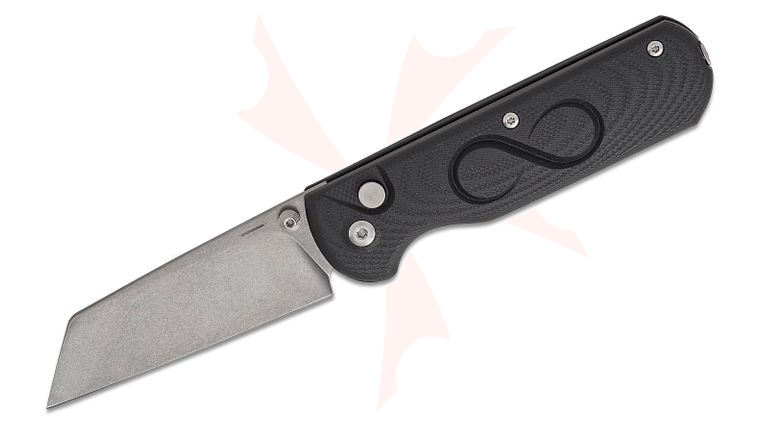 StraightLine EDC Igor Bortolussi ROX Button Lock Folding Knife 2.81 inch M390 Stonewashed Reverse Tanto Blade, Black G10 Handles, Smart Mag Leather Sheath