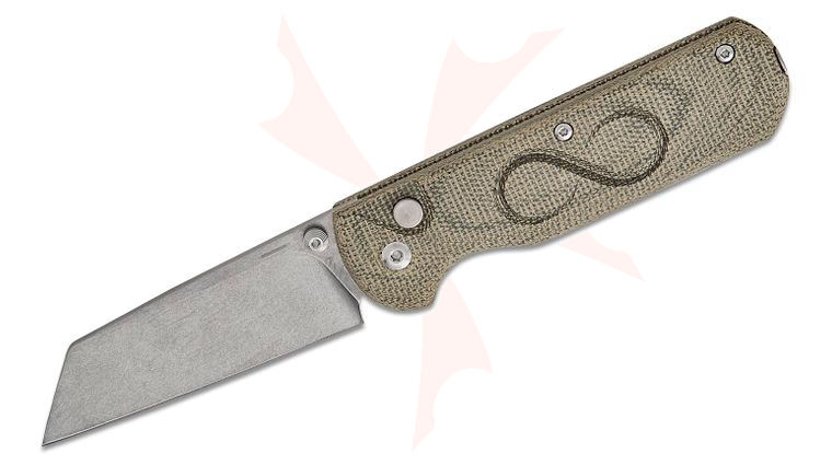 StraightLine EDC Igor Bortolussi ROX Button Lock Folding Knife 2.81 inch M390 Stonewashed Reverse Tanto Blade, Green Canvas Handles, Smart Mag Leather Sheath