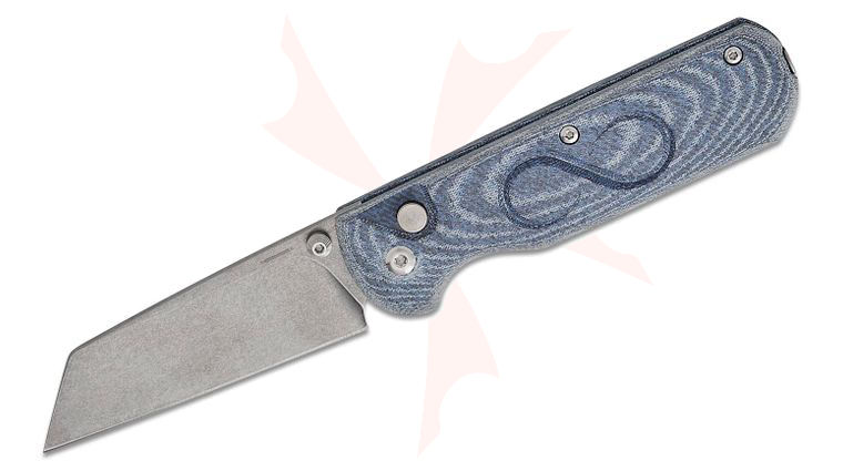 StraightLine EDC Igor Bortolussi ROX Button Lock Folding Knife 2.81 inch M390 Stonewashed Reverse Tanto Blade, Denim Canvas Micarta Handles, Smart Mag Leather Sheath
