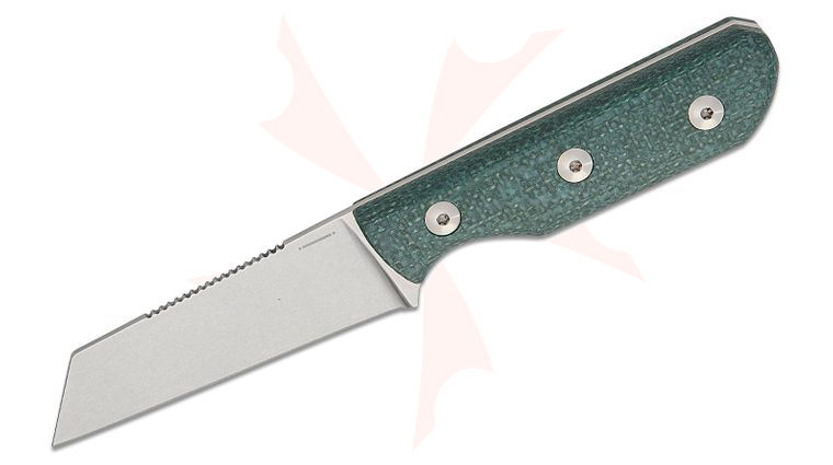 StraightLine EDC Igor Bortolussi Scorer Fixed Blade Knife 2.8 inch MagnaCut Stonewashed Reverse Tanto Blade, Green Burlap Micarta Handles, Magnetic Leather Sheath