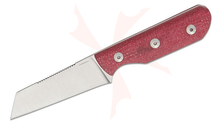 StraightLine EDC Igor Bortolussi Scorer Fixed Blade Knife 2.8 inch MagnaCut Stonewashed Reverse Tanto Blade, Red Burlap Micarta Handles, Magnetic Leather Sheath
