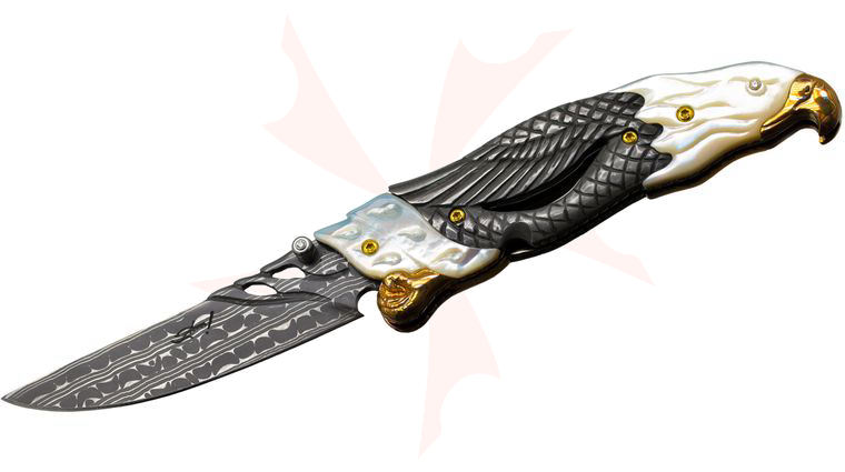 Suchat Custom Knives Eagle Folder 3.25 inch Chad Nichols Damascus Blade, Carved White Pearl and Stainless Steel Handles with Mokume Bolsters