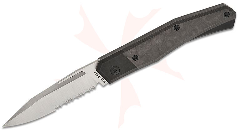 Suprlativ The Infidel Slipjoint Folding Knife 3.125 inch CPM-M4 Belt Satin Clip Point Combo Blade, Black PVD Bolstered Titanium Handles with Black Camo FatCarbon Scales, Black Leather Slip Pouch