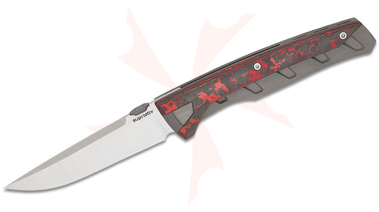 Suprlativ The Matador Folding Knife 3.78 inch M390 Belt Satin Drop Point Blade, Blasted Titanium Handles with Mars Valley FatCarbon Inlays