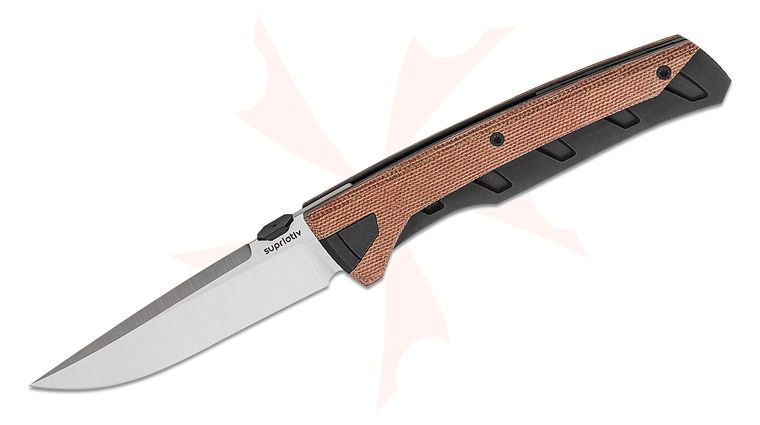 Suprlativ The Matador Folding Knife 3.78 inch M390 Belt Satin Drop Point Blade, Black PVD Titanium Handles with Orange Canvas Micarta Inlays