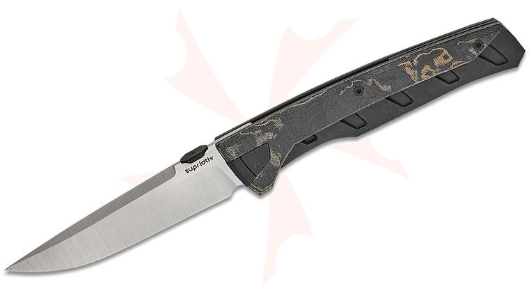 Suprlativ The Matador Folding Knife 3.78 inch M390 Belt Satin Drop Point Blade, Black PVD Titanium Handles with Multi Canvas Micarta Inlays