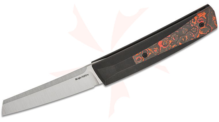 Suprlativ The Tirant Frame Lock Front Flipper Knife 3.5 inch CPM-M4 Belt Satin Reverse Tanto Blade, Black PVD Titanium Handles with Mars Valley FatCarbon Inlays
