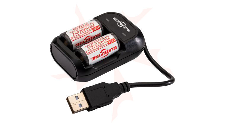 SureFire Rechargeable CR123A 3V Lithium Battery Charging Kit, 2 Batteries Included