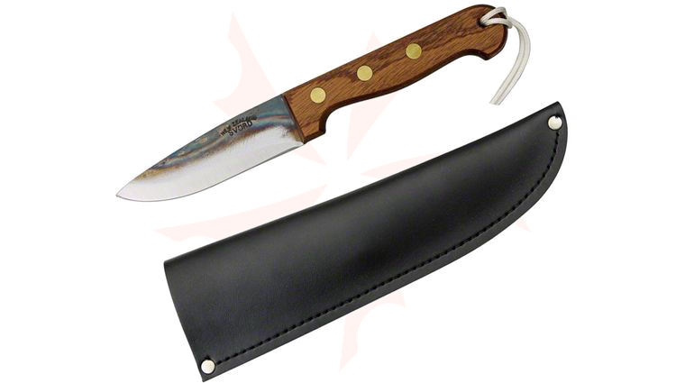 Svord Drop Point Hunter 4-3/8 inch Carbon Steel Blade, Brown Hardwood Handles, Leather Sheath