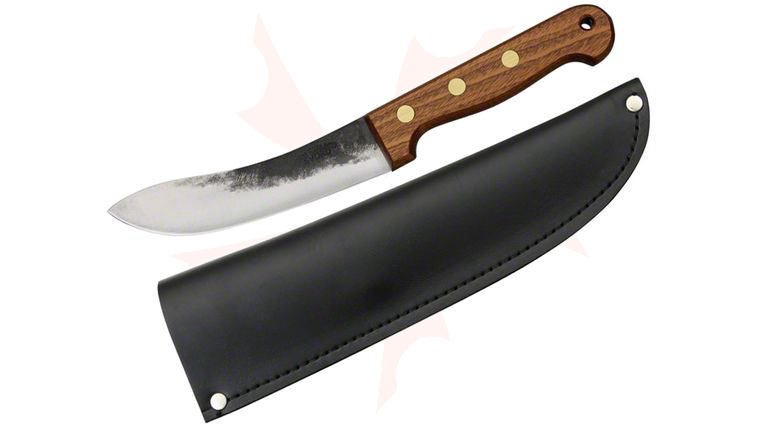 Svord Farmer's Knife Fixed 5-1/8 inch Carbon Steel Upswept Blade, Brown Hardwood Handles, Leather Sheath