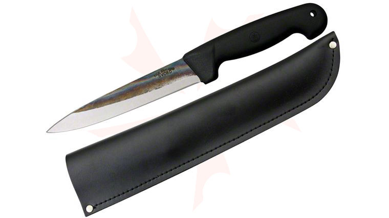 Svord Kiwi Pig Sticker Knife 6-3/4 inch Carbon Steel Blade, Black Polypropylene Handles, Leather Sheath