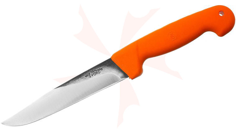Svord Kiwi Trapper Fixed 6-1/2 inch Carbon Steel Blade, Orange Polypropylene Handles, Leather Sheath