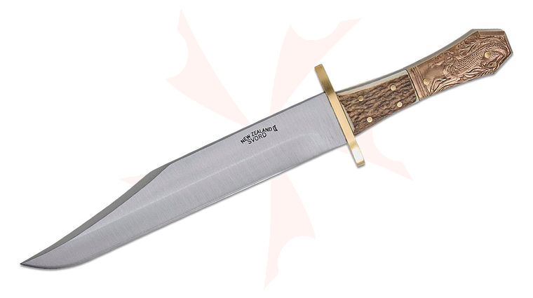 Svord CHB-HHHAS Half-Horse Half-Alligator Coffin Bowie Fixed Blade Knife 9.5 inch Carbon Steel Satin Clip Point Blade, Stag Handles with Brass Guard and Cast Bronze Pommel, Black Leather Sheath