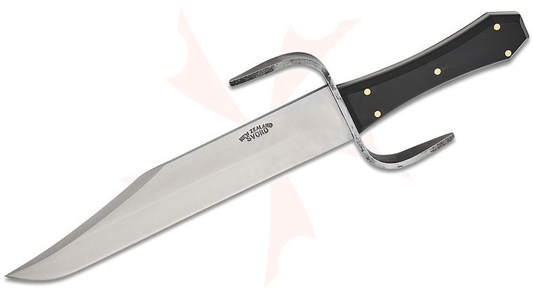 Svord CHB-SG-BL Coffin Bowie Fixed Blade Knife 9.5 inch Carbon Steel Satin Clip Point Blade, Black Lucite Handles with Steel  inchS inch Guard, Leather Sheath
