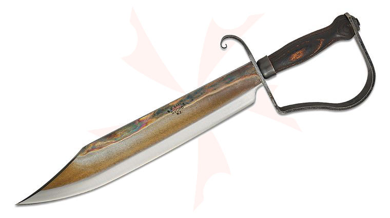 Svord BFB Black Flag Bowie Fixed Blade 14 inch EN45 Carbon Steel Bowie Blade, Ash Wood Handles with Steel  inchD inch Guard, Leather Sheath