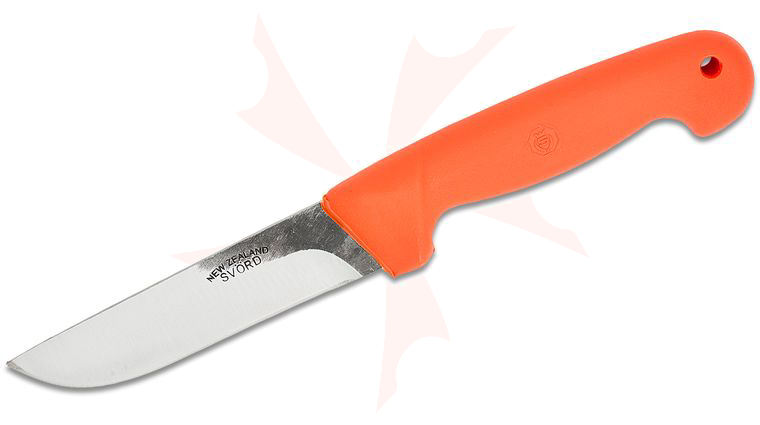 Svord Kiwi General Outdoors Knife 4-3/4 inch Carbon Steel Blade, Orange Polypropylene Handle, Leather Sheath