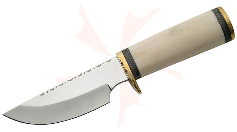 SZCO File Worked Skinner Fixed 4.125 inch Polished Blade, White Bone Handle, Brown Leather Sheath