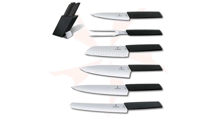 Victorinox Swiss Modern 7-Piece Black Wooden Knife Block Set, Black Synthetic Handles