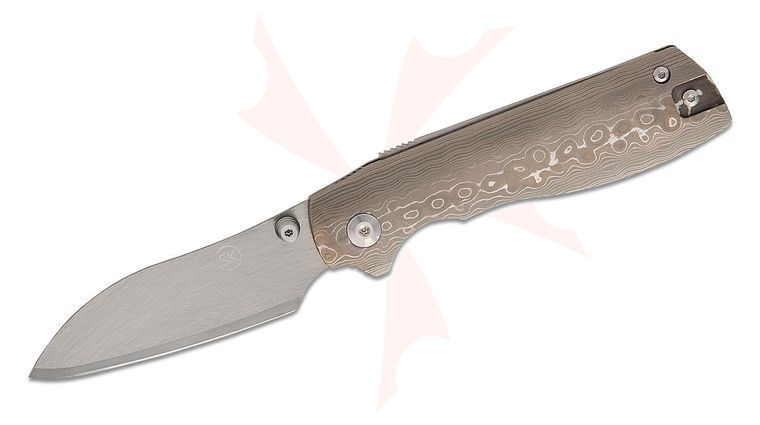 Sandrin Knives Torino Recoil Lock Folding Knife 2.95 inch Polyhedral Tungsten Carbide Raw Sheepsfoot Blade, Contoured Damascus Steel Handles, Reversible Clip