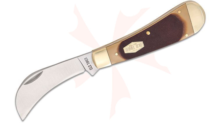 Schrade 16OT Old Timer Hawkbill Pruner Slipjoint Knife 3 inch Satin Hawkbill Blade, Sawcut Delrin Handles with Nickel Bolsters, Nail Nick