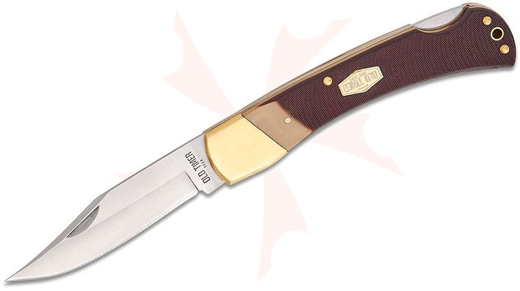 Schrade 6OT Old Timer Golden Bear Lockback Folding Knife 3.9 inch Satin Clip Point Blade, Brown Sawcut Delrin Handles with Brass Bolster, Nylon Pouch