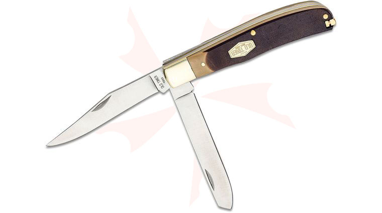 Schrade SCH96OT Old Timer Bearhead Trapper 4.125 inch Closed, Brown Sawcut Delrin Handles with Nickel Silver Bolsters