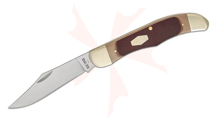 Schrade 125OT Old Timer Mustang Slipjoint Folding Knife 4 inch Satin Clip Point Blade, Brown Sawcut Delrin Handles with Nickel Silver Bolsters, Leather Sheath