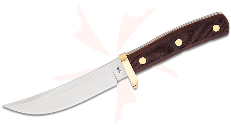 Schrade 165OT Old Timer Woodsman Fixed Blade 5.125 inch Satin Upswept Blade, Brown Sawcut Delrin Handles with Nickel Silver Guard, Brown Leather Sheath