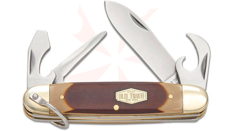 Schrade Old Timer 23OT Scout Slipjoint Knife 3.7 inch Closed, Brown Sawcut Delrin Handles with Nickel Silver Bolsters, Awl, Screwdriver, Cap Lifter, and Can Opener