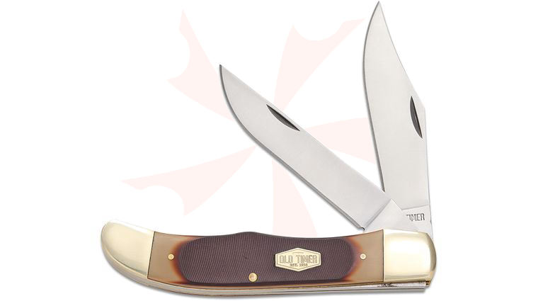 Schrade 25OT Old Timer Folding Hunter Slipjoint Knife 5.3 inch Closed, Brown Sawcut Delrin Handles with Nickel Silver Bolsters, Leather Sheath