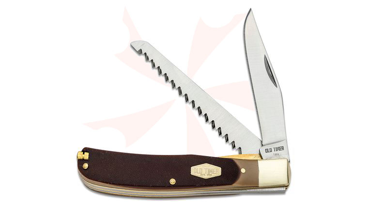 Schrade 97OT Old Timer Bearhead Trapper 4.1 inch Closed, Sawcut Delrin Handles with Nickel Silver Bolsters, Leather Sheath