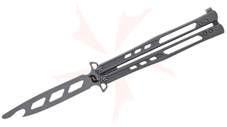 Schrade Delta Class Alkemyst Balisong Butterfly Trainer 4 inch Stainless Bead Blast Dull Trainer Blade with Cap Lifter, Bead Blast Stainless Steel Handles