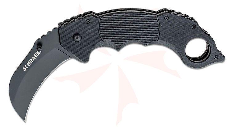 Schrade SCH110 Folding Karambit 3.15 inch Black 9Cr18MoV Hawkbill Blade, Black G10 Handles