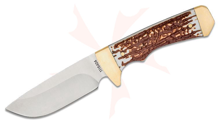 Schrade Next Gen 182UH Uncle Henry Elk Hunter Fixed Blade Knife 3.8 inch 7Cr17MoV Satin Drop Point, Stagalon Handles, Leather Sheath