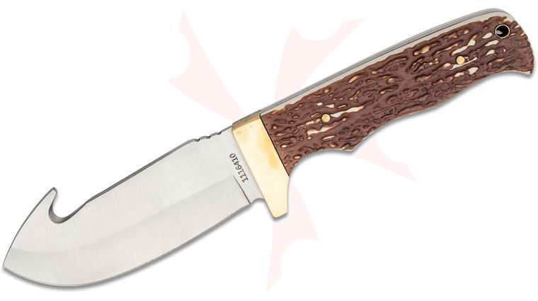 Schrade Next Gen 185UH Uncle Henry Fixed Blade Knife 4.3 inch Plain Blade with Guthook, Stagalon Handles, Leather Sheath