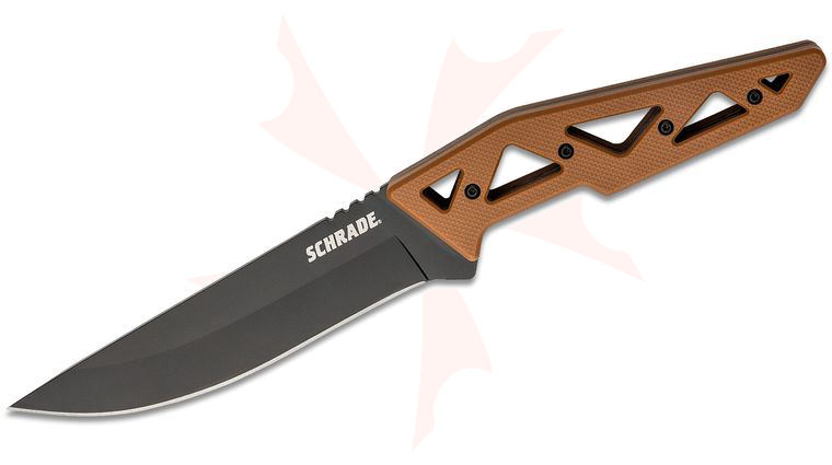 Schrade Fixed Blade Knife 4.5 inch Black Clip Point, Tan Skeletonized GFN Handles, Nylon Sheath