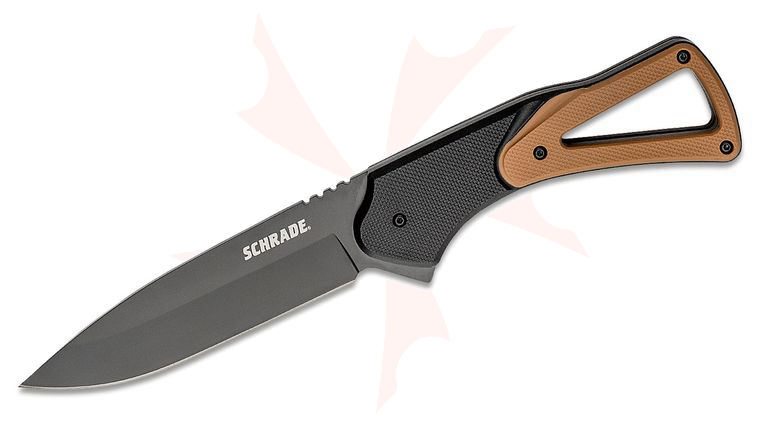 Schrade Fixed Blade Knife 4 inch Black Drop Point, Black/Tan Polypropylene and TPR Handles, Nylon Sheath