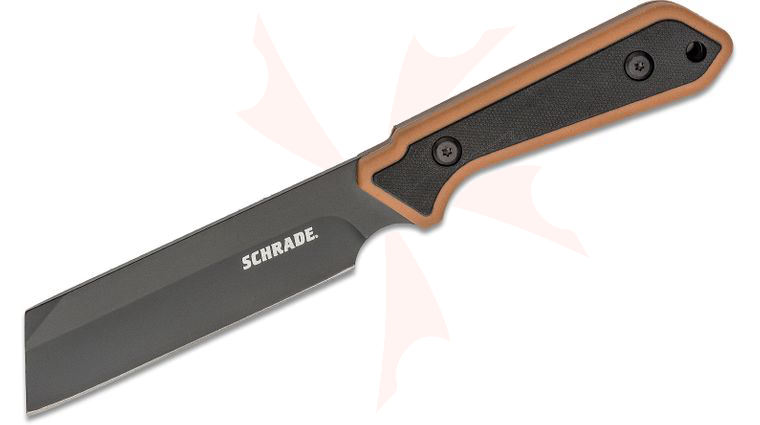 Schrade Fixed Blade Knife 4.25 inch Black Cleaver-Style Blade, Black/Tan GRN Handles, Hard Polymer Sheath