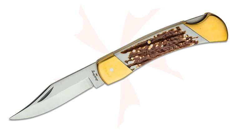 Schrade Uncle Henry LB8 Next Gen Papa Bear Lockback Folding 3.7 inch Satin Clip Point Blade, Next Gen Staglon Handles, Leather Sheath