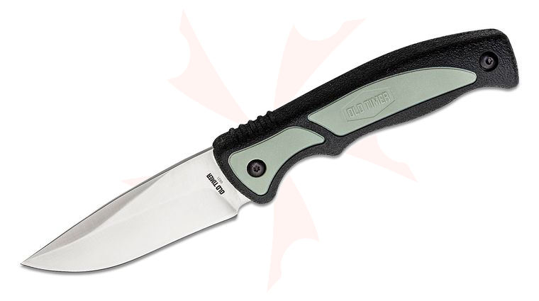 Schrade Old Timer Trail Boss Fixed Blade Knife 3.7 inch 8Cr Satin Drop Point, Black and Gray TPE Handles, Black Fitted Sheath