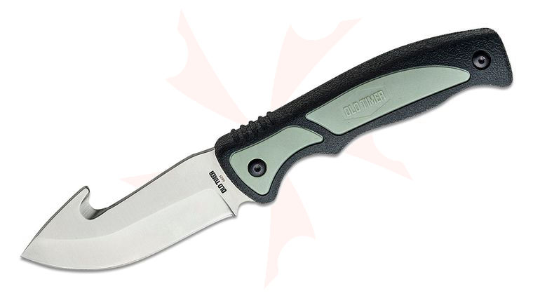 Schrade Old Timer Trail Boss Fixed Knife 3.7 inch 8Cr Satin Gut Hook Blade, Black and Gray TPE Handles, Black Fitted Sheath