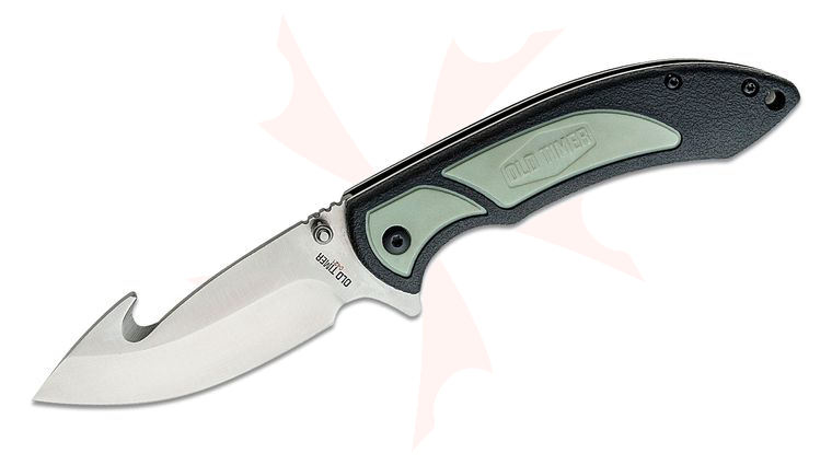Schrade Old Timer Trail Boss Folding Knife 3.5 inch 8Cr Satin Gut Hook Blade, Black and Gray TPE Handles